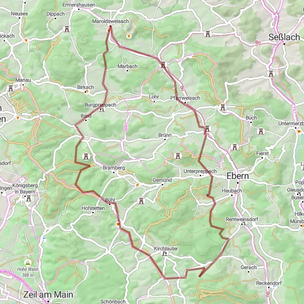 Karten-Miniaturansicht der Radinspiration "Eine 60 km lange Schotterroute durch malerische Landschaften" in Unterfranken, Germany. Erstellt vom Tarmacs.app-Routenplaner für Radtouren