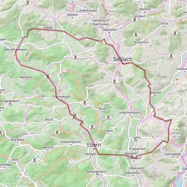 Map miniature of "Picturesque Gravel Loop through Itzgrund" cycling inspiration in Unterfranken, Germany. Generated by Tarmacs.app cycling route planner