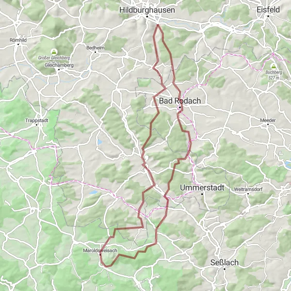Karten-Miniaturansicht der Radinspiration "Gravelabenteuer durch Gleichberge" in Unterfranken, Germany. Erstellt vom Tarmacs.app-Routenplaner für Radtouren