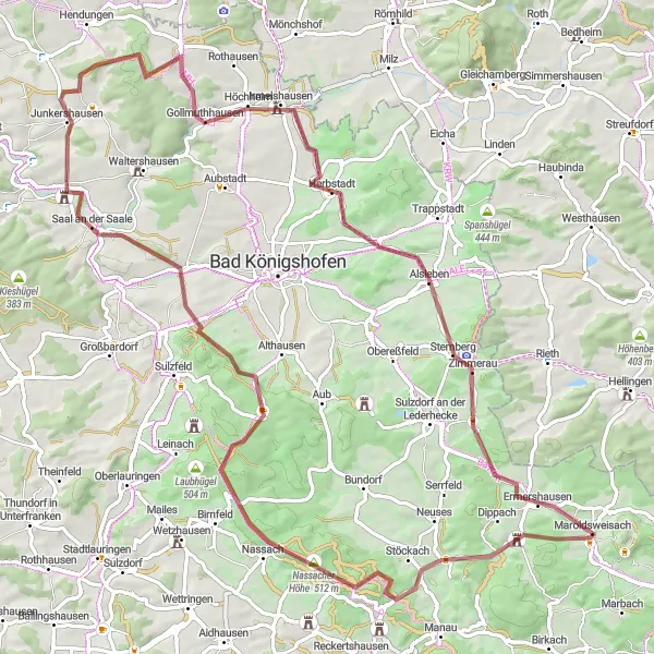 Map miniature of "Gravel Adventure to Birkenfeld" cycling inspiration in Unterfranken, Germany. Generated by Tarmacs.app cycling route planner
