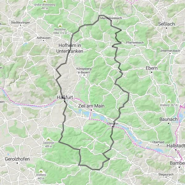 Karten-Miniaturansicht der Radinspiration "Eine 112 km lange Straßenroute mit herausfordernden Anstiegen" in Unterfranken, Germany. Erstellt vom Tarmacs.app-Routenplaner für Radtouren
