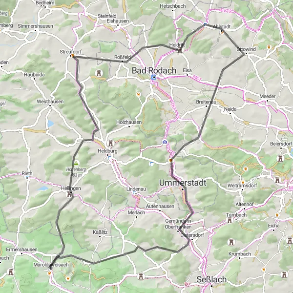 Karten-Miniaturansicht der Radinspiration "Herausfordernde Hellingen Tour" in Unterfranken, Germany. Erstellt vom Tarmacs.app-Routenplaner für Radtouren