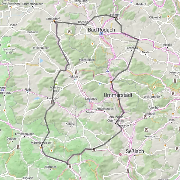 Karten-Miniaturansicht der Radinspiration "Eine anspruchsvolle 68 km lange Straßenroute durch Unterfranken" in Unterfranken, Germany. Erstellt vom Tarmacs.app-Routenplaner für Radtouren