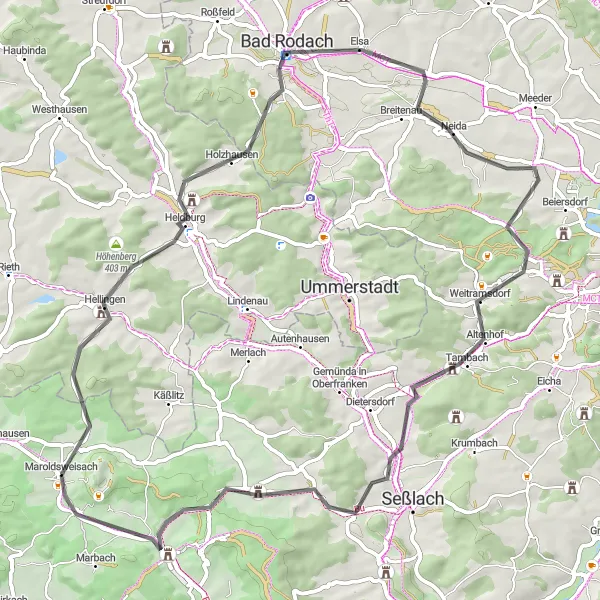 Karten-Miniaturansicht der Radinspiration "Eine 66 km lange Straßenroute mit kulturellen Highlights" in Unterfranken, Germany. Erstellt vom Tarmacs.app-Routenplaner für Radtouren