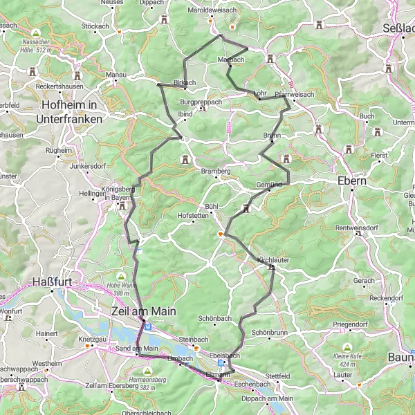 Map miniature of "Tour around Maroldsweisach" cycling inspiration in Unterfranken, Germany. Generated by Tarmacs.app cycling route planner