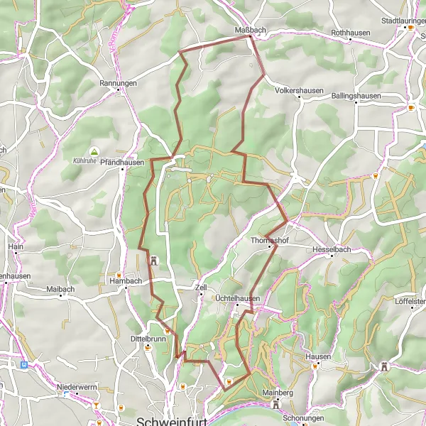 Map miniature of "The Üchtelhausen Adventure" cycling inspiration in Unterfranken, Germany. Generated by Tarmacs.app cycling route planner