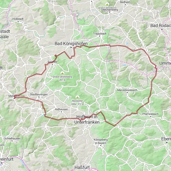 Map miniature of "Gravel Adventure" cycling inspiration in Unterfranken, Germany. Generated by Tarmacs.app cycling route planner