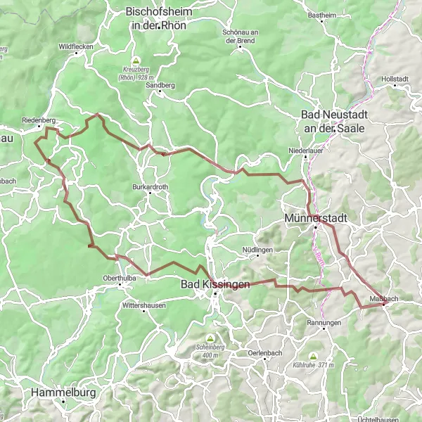 Map miniature of "The Gravel Adventure" cycling inspiration in Unterfranken, Germany. Generated by Tarmacs.app cycling route planner