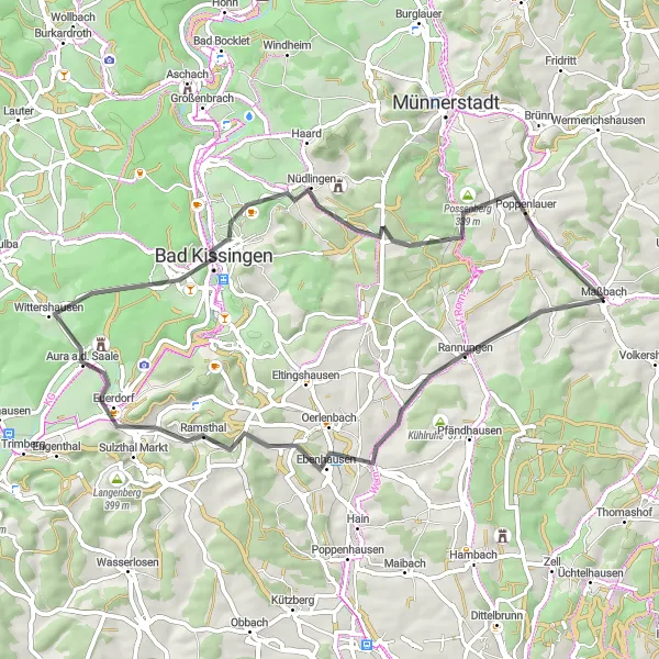 Map miniature of "Scenic Rolling Hills" cycling inspiration in Unterfranken, Germany. Generated by Tarmacs.app cycling route planner