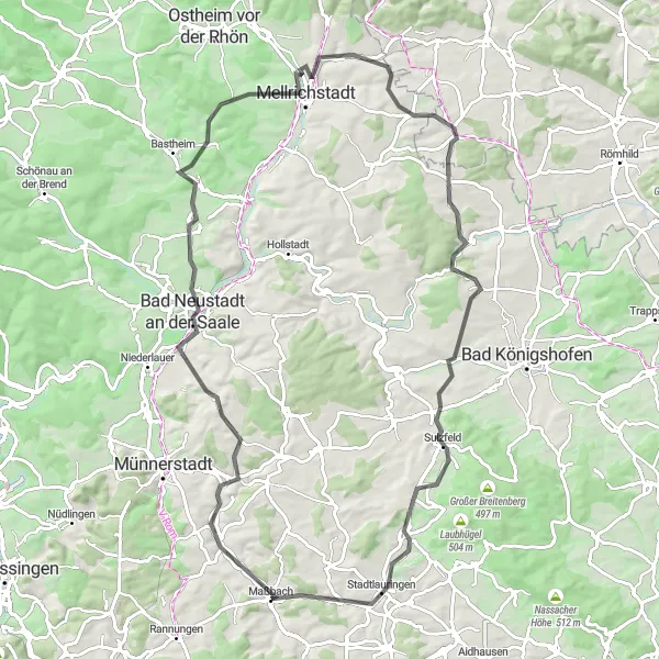 Map miniature of "The Strahlungen Loop" cycling inspiration in Unterfranken, Germany. Generated by Tarmacs.app cycling route planner