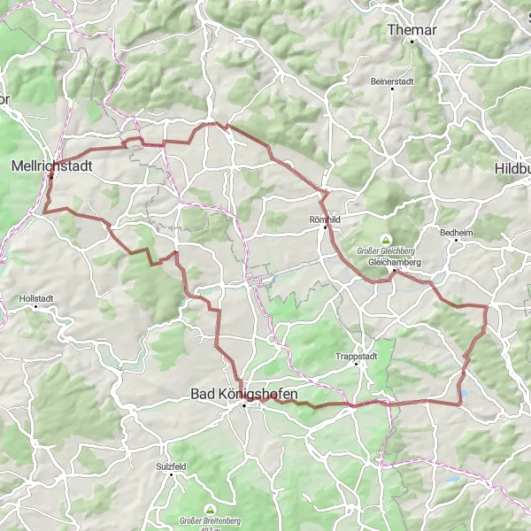 Karten-Miniaturansicht der Radinspiration "Gravel-Abenteuer durch die Unterfränkische Natur" in Unterfranken, Germany. Erstellt vom Tarmacs.app-Routenplaner für Radtouren