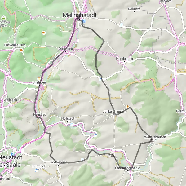 Map miniature of "Countryside Escape near Mellrichstadt" cycling inspiration in Unterfranken, Germany. Generated by Tarmacs.app cycling route planner