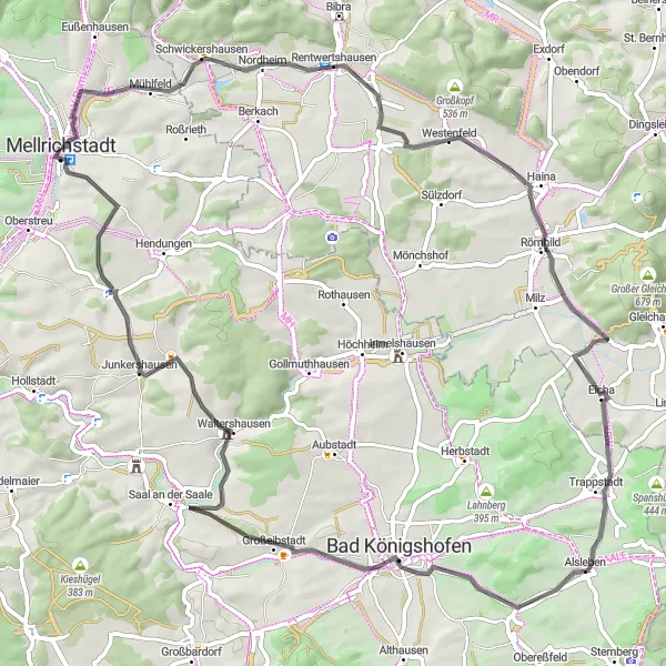 Karten-Miniaturansicht der Radinspiration "Roadtour über die Alte Wart nach Mellrichstadt" in Unterfranken, Germany. Erstellt vom Tarmacs.app-Routenplaner für Radtouren