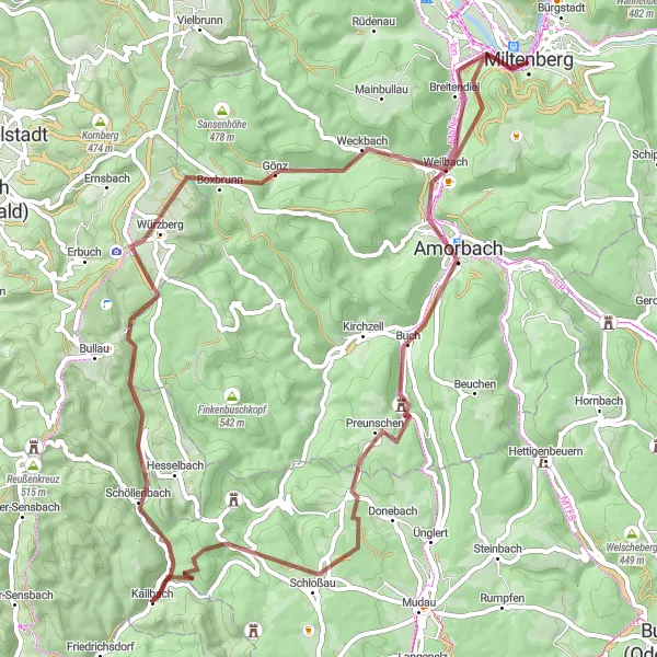 Map miniature of "Gravel route through Miltenberg and surroundings" cycling inspiration in Unterfranken, Germany. Generated by Tarmacs.app cycling route planner