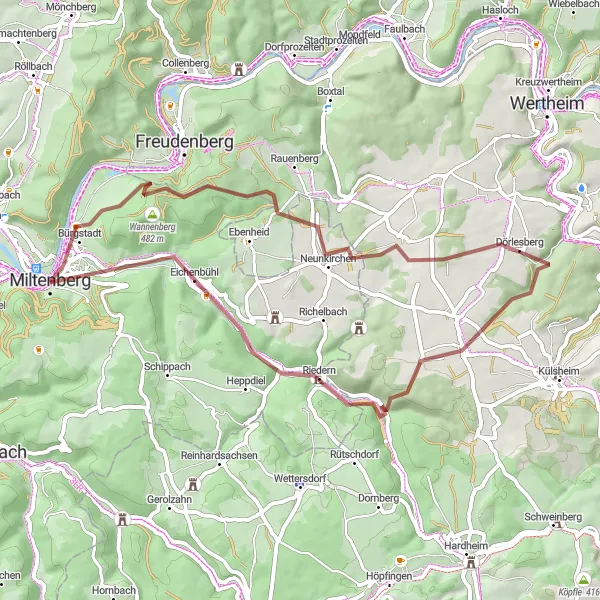 Map miniature of "Scenic gravel route around Bürgstadt" cycling inspiration in Unterfranken, Germany. Generated by Tarmacs.app cycling route planner