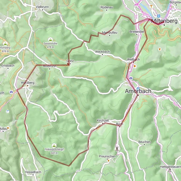 Map miniature of "Gravel Adventures" cycling inspiration in Unterfranken, Germany. Generated by Tarmacs.app cycling route planner