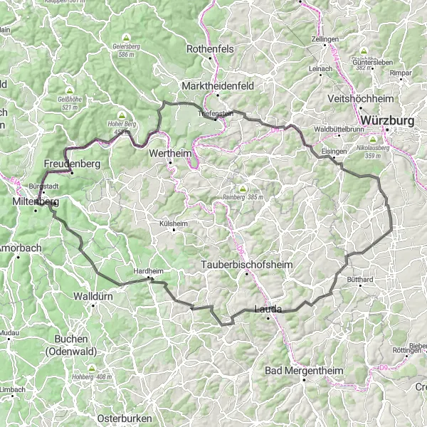 Map miniature of "Epic road journey through Miltenberg and beyond" cycling inspiration in Unterfranken, Germany. Generated by Tarmacs.app cycling route planner