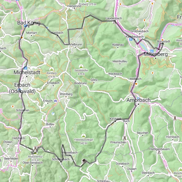 Map miniature of "Miltenberg and Kirchzell scenic road tour" cycling inspiration in Unterfranken, Germany. Generated by Tarmacs.app cycling route planner