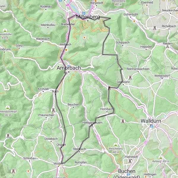 Karten-Miniaturansicht der Radinspiration "Roadtour Miltenberg - Gottersdorf" in Unterfranken, Germany. Erstellt vom Tarmacs.app-Routenplaner für Radtouren