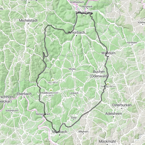 Map miniature of "Miltenberg Loop" cycling inspiration in Unterfranken, Germany. Generated by Tarmacs.app cycling route planner