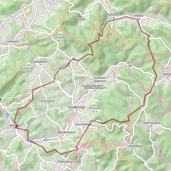 Map miniature of "Gravel Tour of Mensengesäß and Mömbris" cycling inspiration in Unterfranken, Germany. Generated by Tarmacs.app cycling route planner