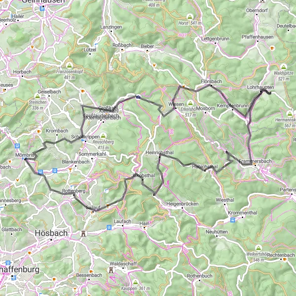 Map miniature of "Mömbris Cycling Route" cycling inspiration in Unterfranken, Germany. Generated by Tarmacs.app cycling route planner