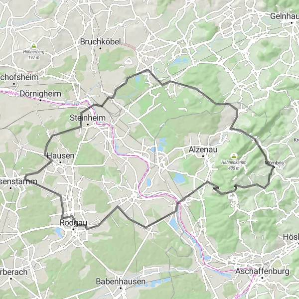 Map miniature of "Road Adventure: Rothengrund to Hanau" cycling inspiration in Unterfranken, Germany. Generated by Tarmacs.app cycling route planner