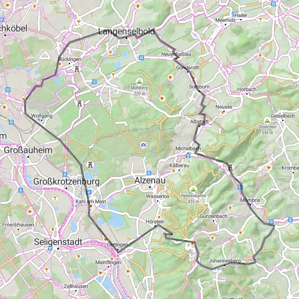 Map miniature of "Scenic Road Cycling: Johannesberg to Glasberg" cycling inspiration in Unterfranken, Germany. Generated by Tarmacs.app cycling route planner