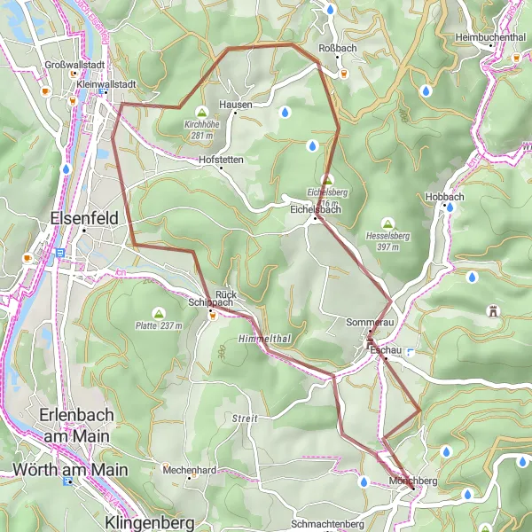 Map miniature of "Kleinwallstadt - Plattenberg - Eschau Route" cycling inspiration in Unterfranken, Germany. Generated by Tarmacs.app cycling route planner