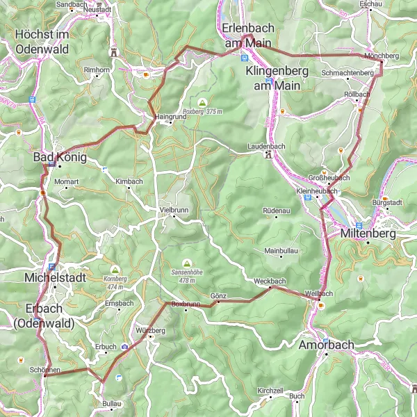 Karten-Miniaturansicht der Radinspiration "Gravel-Panorama um Mönchberg" in Unterfranken, Germany. Erstellt vom Tarmacs.app-Routenplaner für Radtouren
