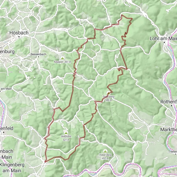 Karten-Miniaturansicht der Radinspiration "Herausfordernde Gravel-Tour durch den Spessart" in Unterfranken, Germany. Erstellt vom Tarmacs.app-Routenplaner für Radtouren