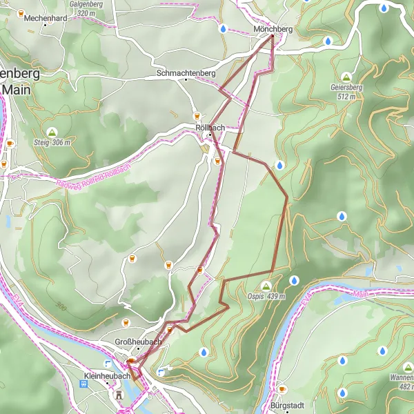 Map miniature of "Ospis - Kleinheubach - Röllbach Route" cycling inspiration in Unterfranken, Germany. Generated by Tarmacs.app cycling route planner