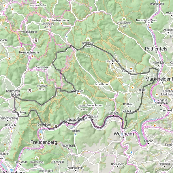 Map miniature of "Odenwald Explorer" cycling inspiration in Unterfranken, Germany. Generated by Tarmacs.app cycling route planner