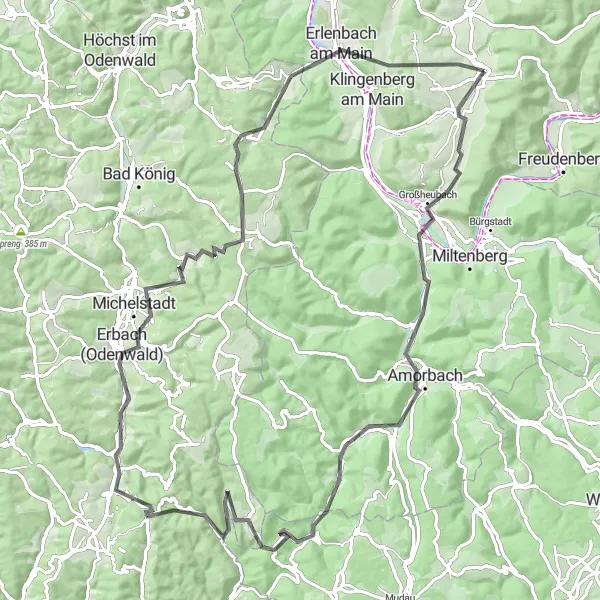 Map miniature of "Odenwald Road Cycling Adventure" cycling inspiration in Unterfranken, Germany. Generated by Tarmacs.app cycling route planner