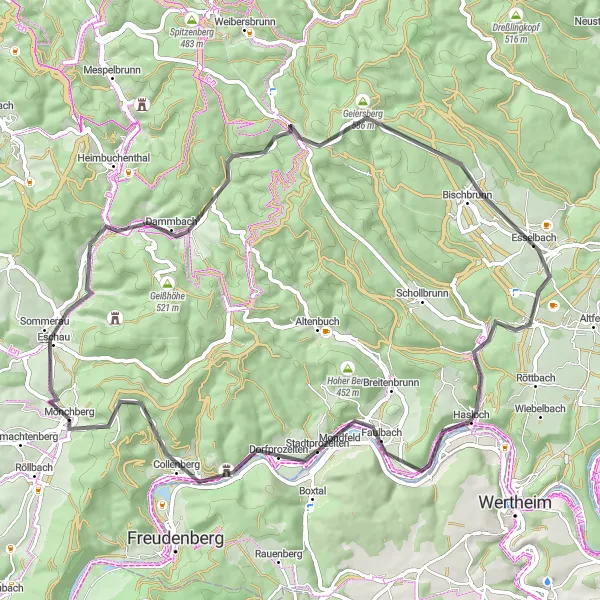 Map miniature of "Monchberg Road Cycling Route" cycling inspiration in Unterfranken, Germany. Generated by Tarmacs.app cycling route planner