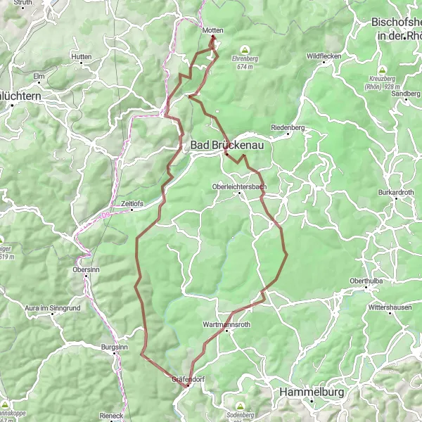 Karten-Miniaturansicht der Radinspiration "Graveltour von Motten nach Große Haube über Bad Brückenau und Windbühel" in Unterfranken, Germany. Erstellt vom Tarmacs.app-Routenplaner für Radtouren