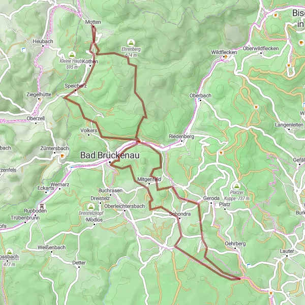 Karten-Miniaturansicht der Radinspiration "Motten - Schondra - Speicherz - Motten" in Unterfranken, Germany. Erstellt vom Tarmacs.app-Routenplaner für Radtouren