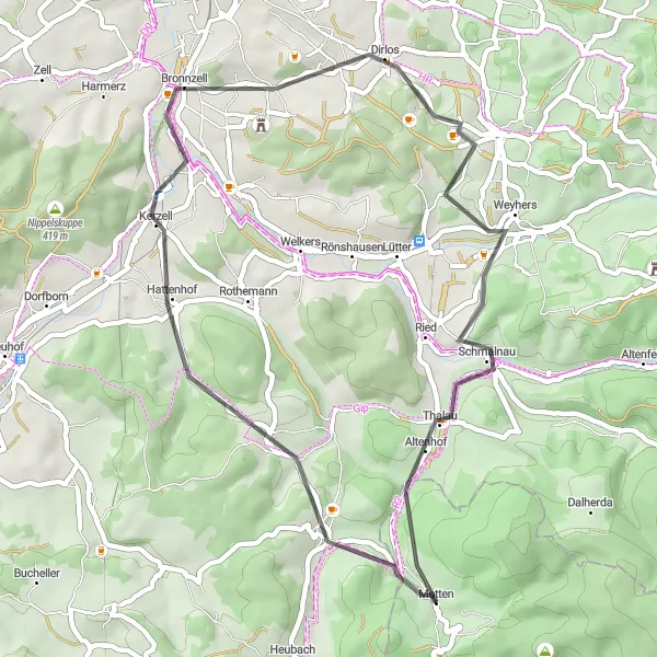 Karten-Miniaturansicht der Radinspiration "Motten - Florenberg - Dietershausen - Küppel" in Unterfranken, Germany. Erstellt vom Tarmacs.app-Routenplaner für Radtouren