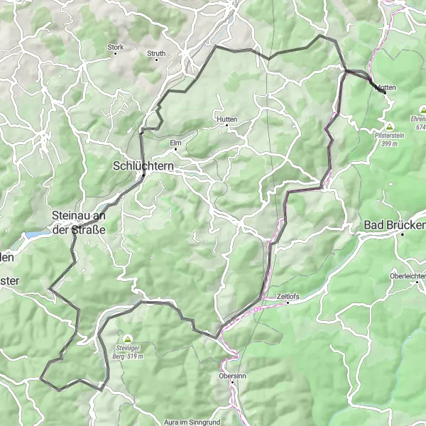 Map miniature of "Schlüchtern Loop" cycling inspiration in Unterfranken, Germany. Generated by Tarmacs.app cycling route planner