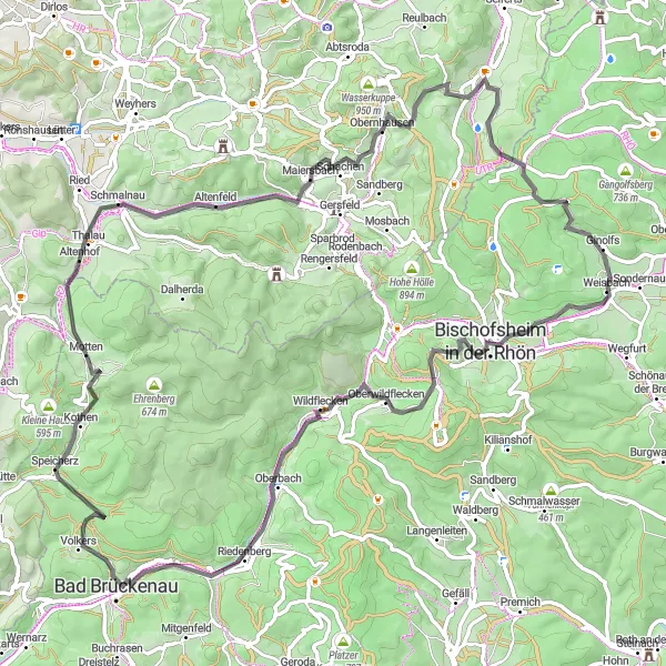 Map miniature of "Rhön Delight" cycling inspiration in Unterfranken, Germany. Generated by Tarmacs.app cycling route planner