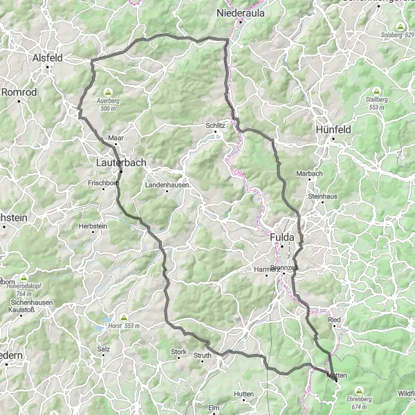 Map miniature of "Rhön Adventure" cycling inspiration in Unterfranken, Germany. Generated by Tarmacs.app cycling route planner