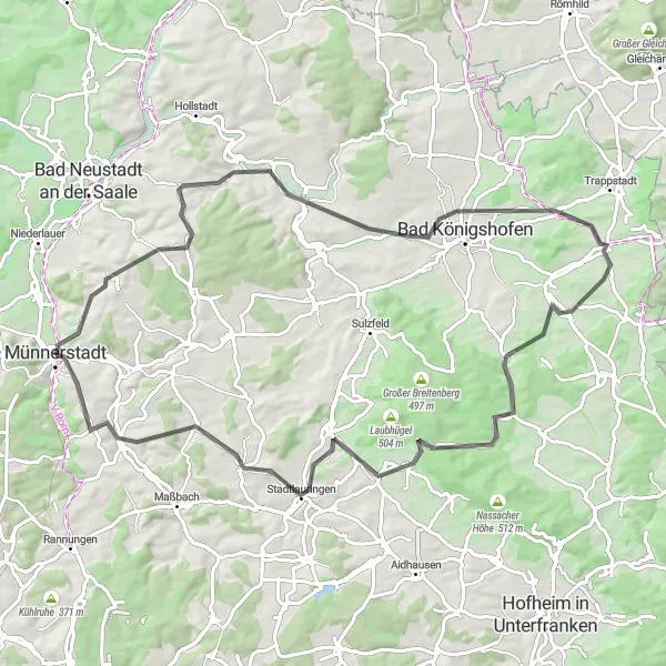 Map miniature of "Unterfranken Delights" cycling inspiration in Unterfranken, Germany. Generated by Tarmacs.app cycling route planner