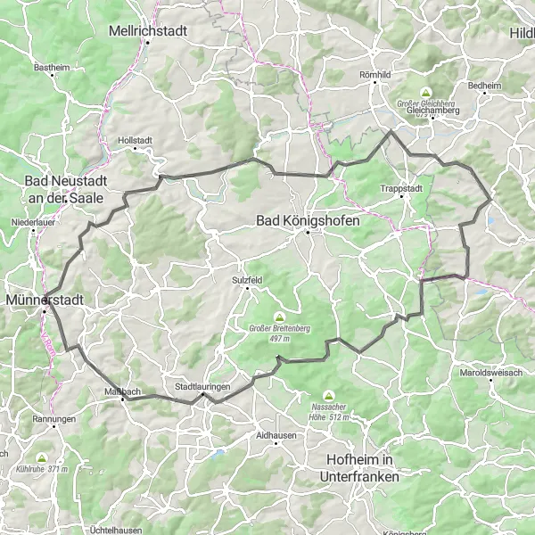 Map miniature of "Century Ride Delight" cycling inspiration in Unterfranken, Germany. Generated by Tarmacs.app cycling route planner
