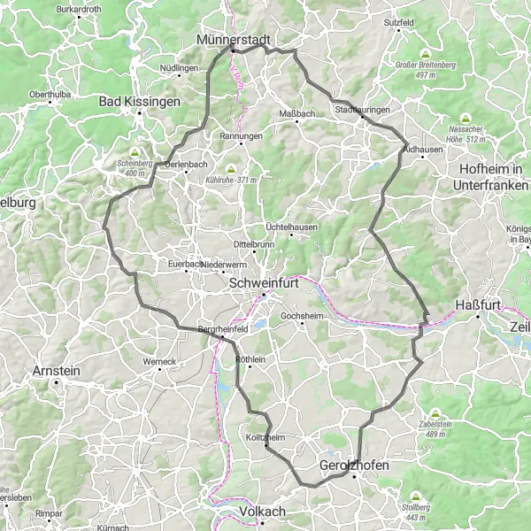 Map miniature of "Cultural Gems and Scenic Delights" cycling inspiration in Unterfranken, Germany. Generated by Tarmacs.app cycling route planner