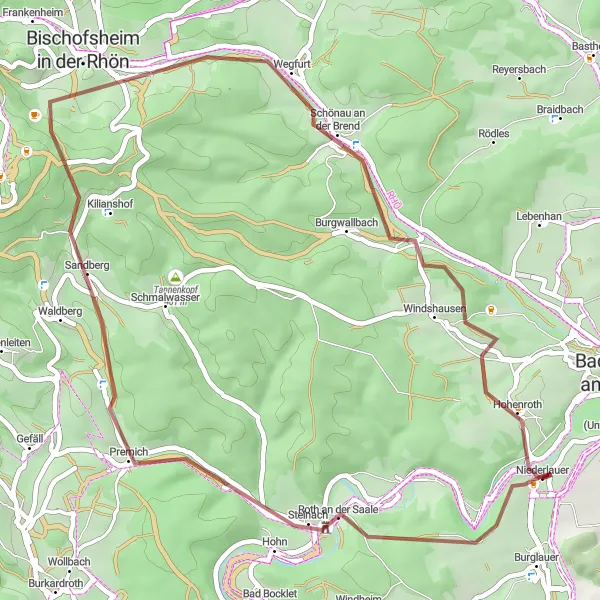 Map miniature of "Rhön Gravel Adventure" cycling inspiration in Unterfranken, Germany. Generated by Tarmacs.app cycling route planner