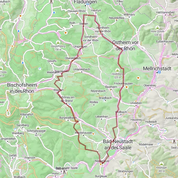 Map miniature of "Exploring the Rhön on Gravel" cycling inspiration in Unterfranken, Germany. Generated by Tarmacs.app cycling route planner
