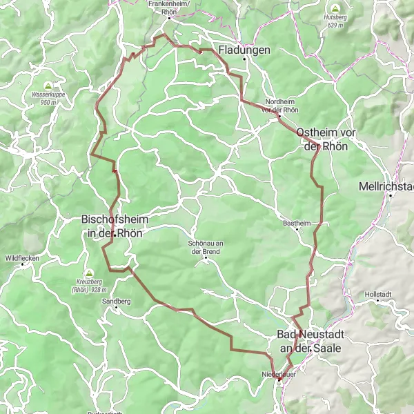 Map miniature of "Rhön Mountain Biking Expedition" cycling inspiration in Unterfranken, Germany. Generated by Tarmacs.app cycling route planner