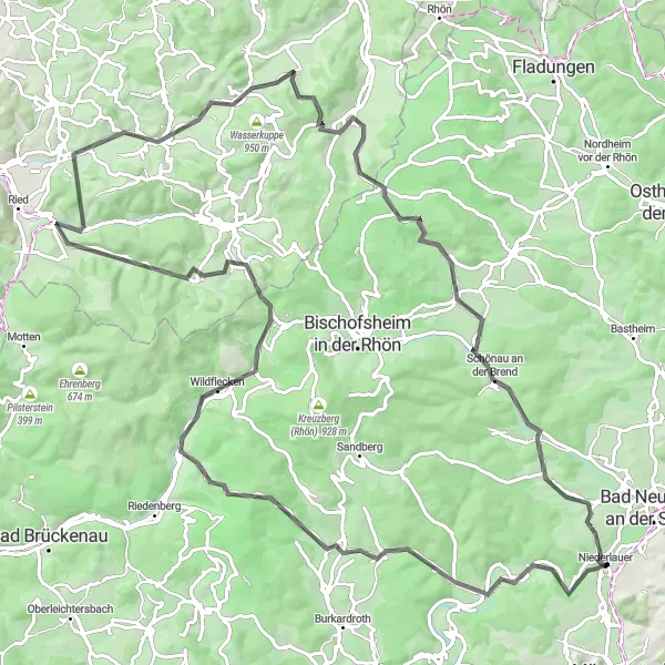 Map miniature of "Challenging Climbs and Breathtaking Views" cycling inspiration in Unterfranken, Germany. Generated by Tarmacs.app cycling route planner