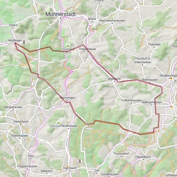 Map miniature of "Discover Gravel Trails" cycling inspiration in Unterfranken, Germany. Generated by Tarmacs.app cycling route planner