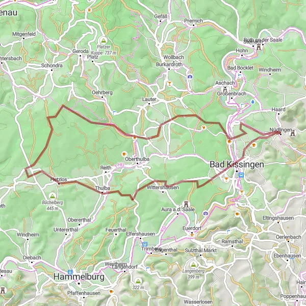 Map miniature of "Scenic Gravel Route" cycling inspiration in Unterfranken, Germany. Generated by Tarmacs.app cycling route planner
